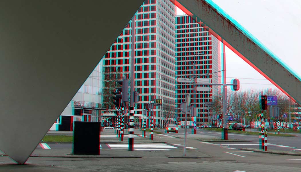 Homage to Oud and van Doesburg, Marconiplein, Rotterdam - anaglyph photo.