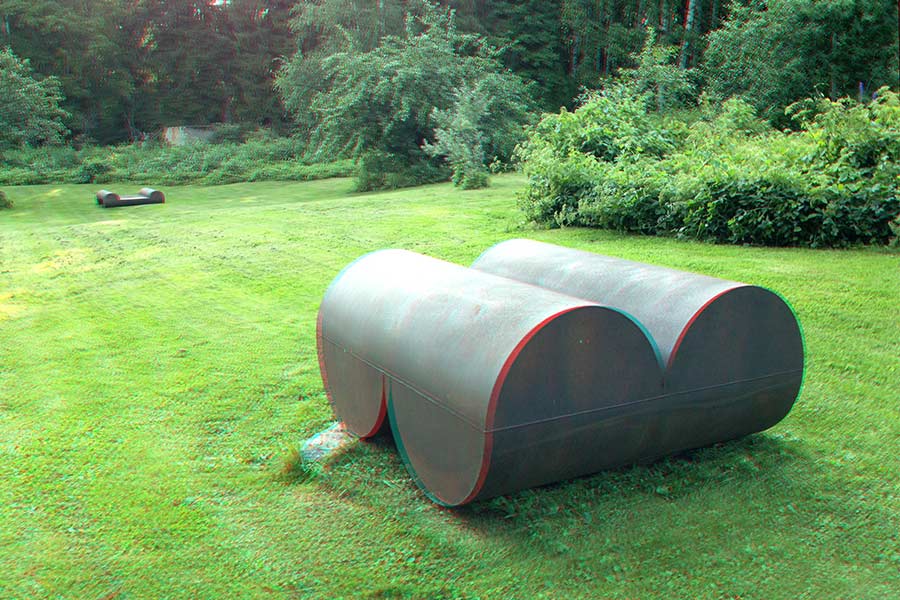 A 3D photograph of my cor-ten steel sculpture - "perpendicular cylinders 3".