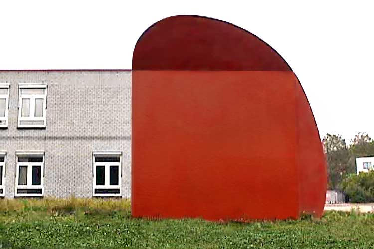 The red steel sculpture - an element in an evironmental sculpture by the site specific sculptor, Lucien den Arend.