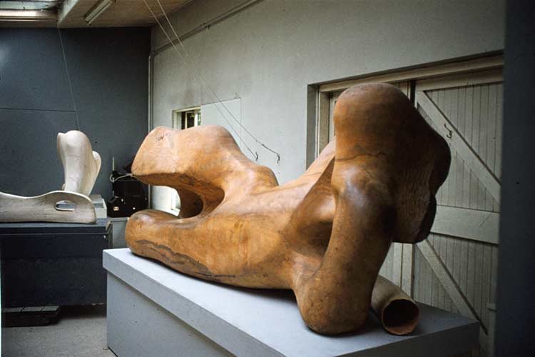 Henry Moore's work table with flint stones and plaster models - Hoglands in Perry Green studio in Much Hadham, England.