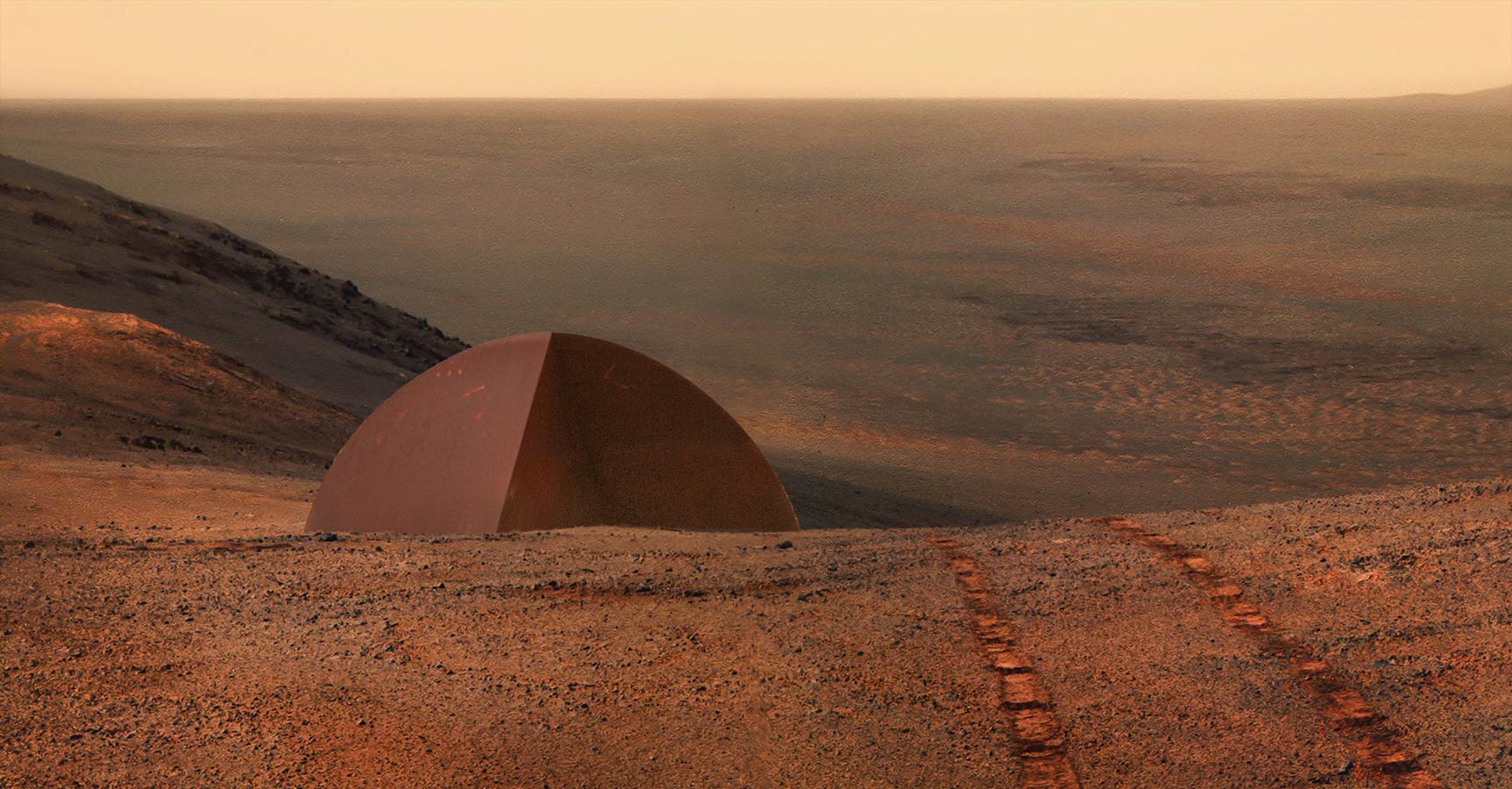 cor-ten steel sculpture, "Gothic 2" at Endeavor Crater, Mars