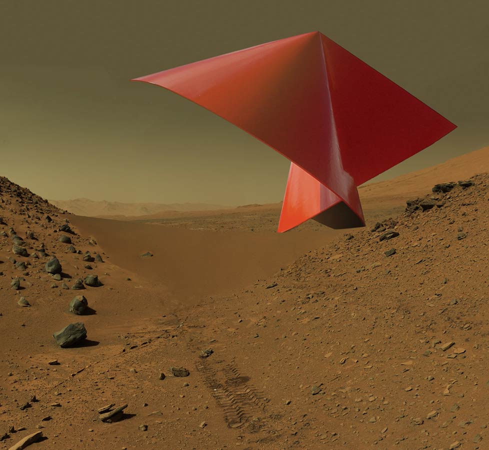 red steel sculpture Gemini Tango on Moonlight Valley Dune Dingo Gap