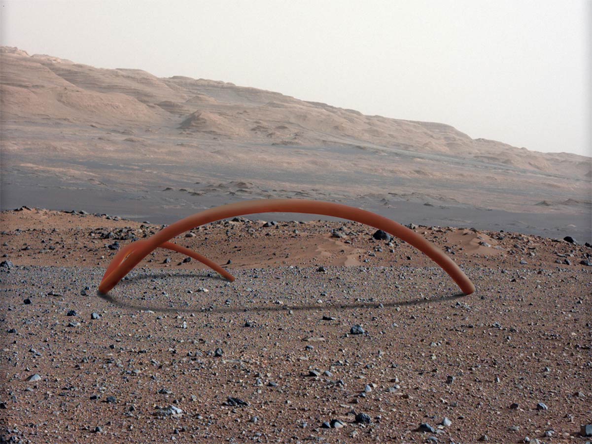 red steel sculpture, "Reclining Gaia" at Gale Crater, Mars