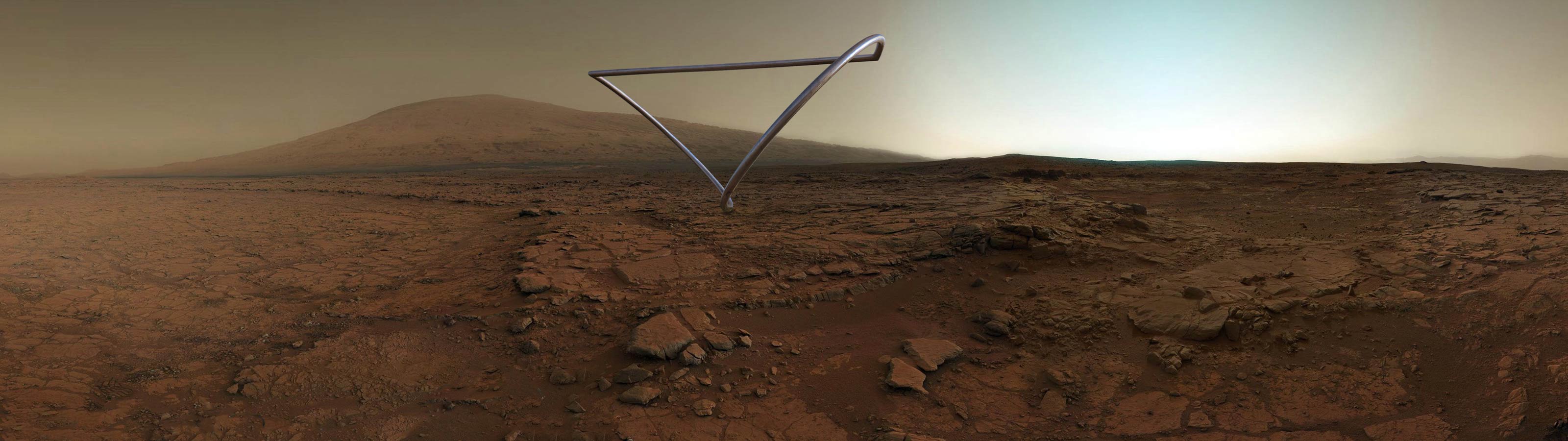 stainless steel sculpture in Gale Crater at Aeolis Mons, Mars - QUISNAM VERTITUR