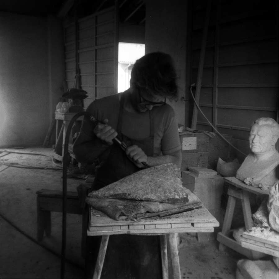 working in Henry Moore's summer sculpture studio at Henraux S.P.A. stone yards in Querceta, Italy