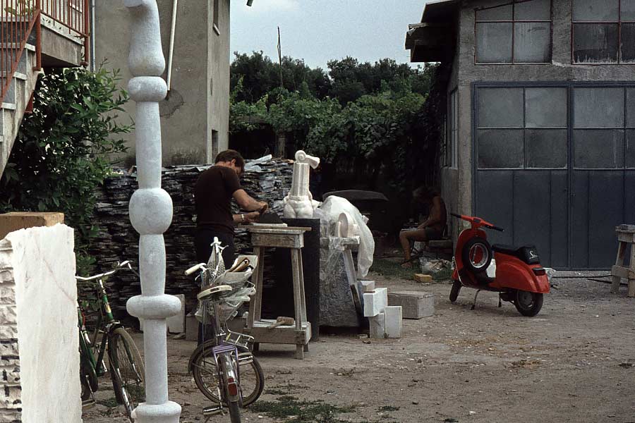 Measuring for Bianco Carrara piece - perpendicular cylinders III at Angeli Brothers in Querceta.