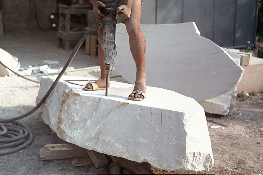 Measuring for Bianco Carrara piece - perpendicular cylinders III at Angeli Brothers in Querceta.