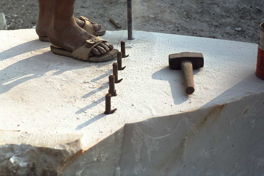 Measuring for Bianco Carrara piece - perpendicular cylinders III at Angeli Brothers in Querceta.
