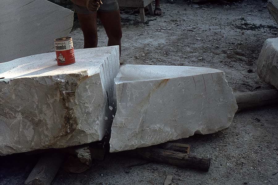 Measuring for Bianco Carrara piece - perpendicular cylinders III at Angeli Brothers in Querceta.