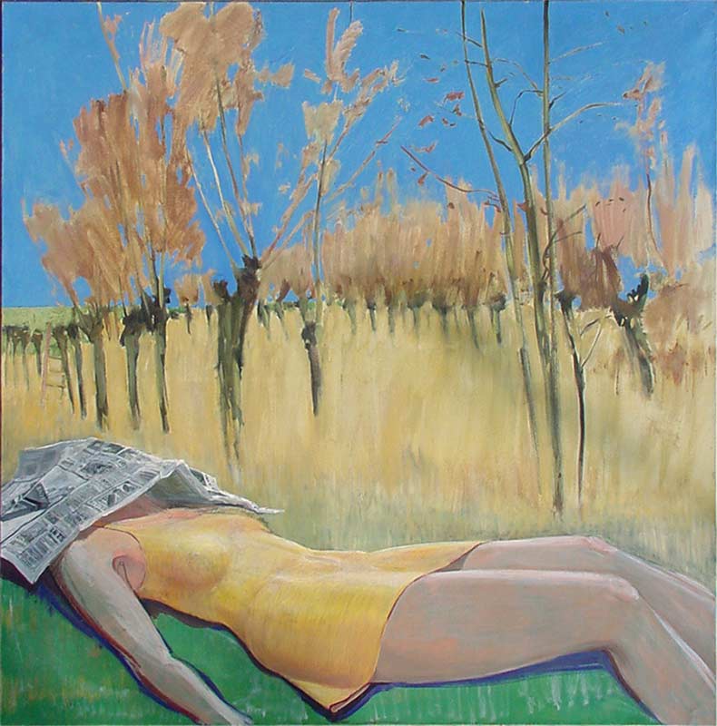 Girl resting in the grass next to pollarded willows near Groot Ammers, the Netherlands - oil painting by Lucien den Arend