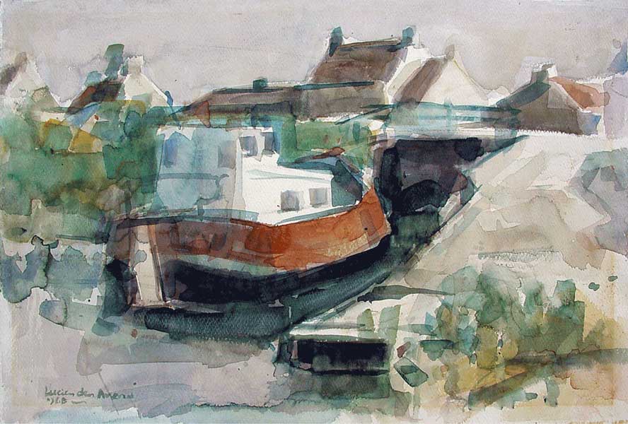 aquarel - rivers Oude Maas and Devel connected by Develsluis Heerjansdam - watercolor painting by Lucien den Arend