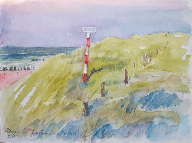 Aquarel dune and North Sea at Domburg, Walcheren Zeeland - watercolor painting by Lucien den Arend