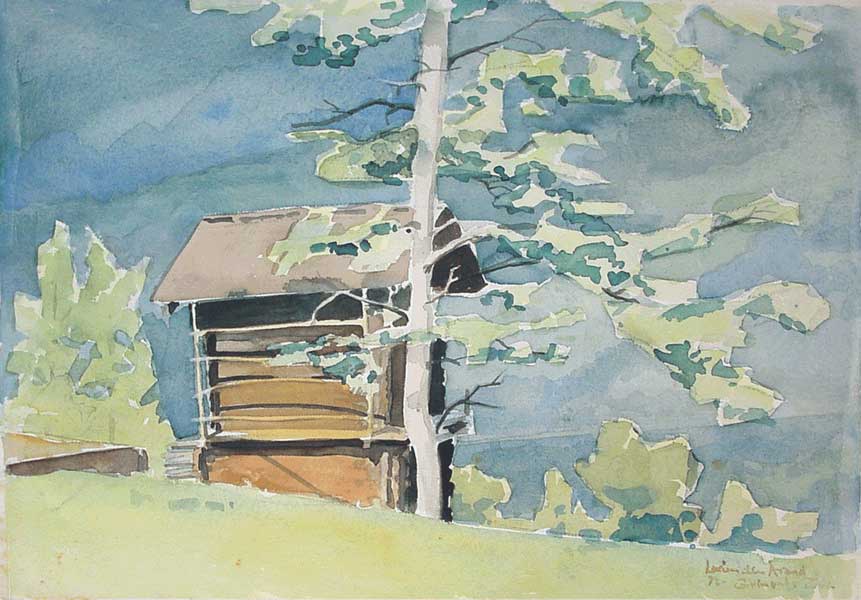 Aquarel Grimentz speicher and tree - watercolor painting by Lucien den Arend
