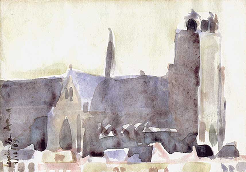 aquarel - Grotekerk Dordrecht Holland - watercolor painting by Lucien den Arend