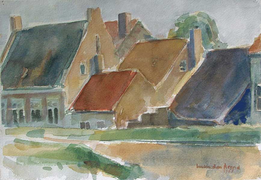 aquarel - houses blew the dike at Develsluis Heerjansdam - watercolor painting by Lucien den Arend