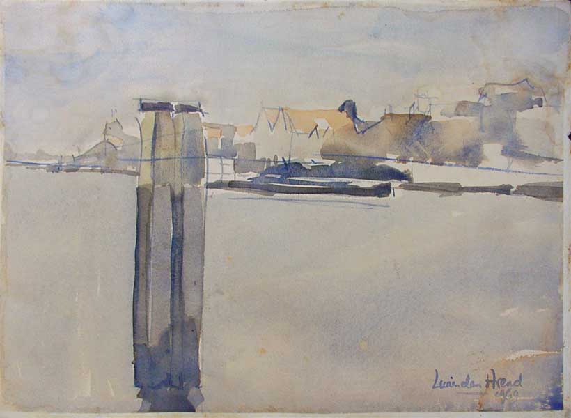 aquarel - Oude Maas River with Dordrecht Groot Hoofd - watercolor painting by Lucien den Arend