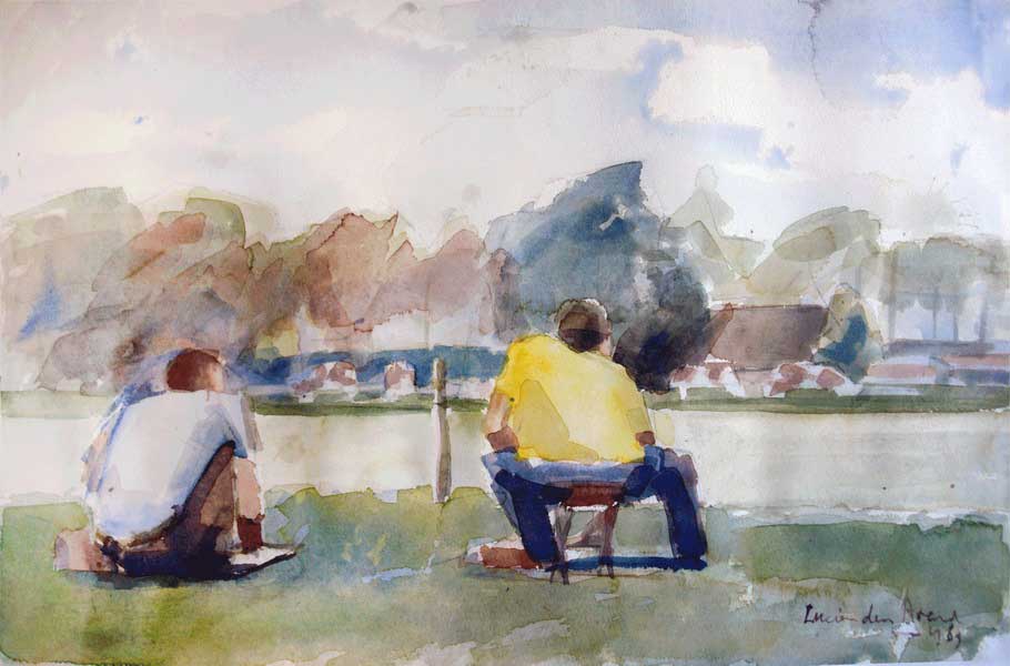 aquarel - Hans Versteeg and Max Brok painting in Noord-Braband, Netherlands - watercolor painting by Lucien den Arend
