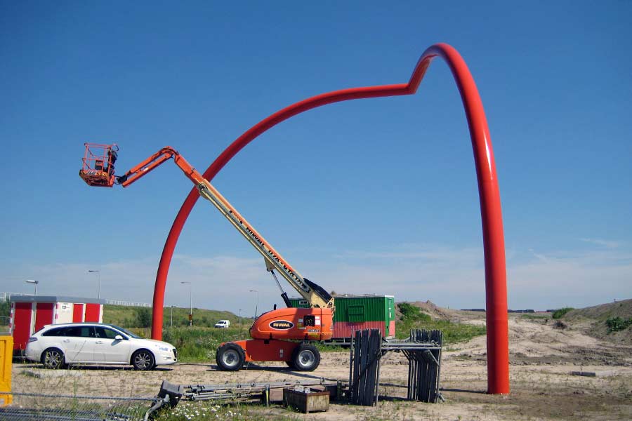 Red coating of  the steel sculpture near Rotterdam for the arch over the road at Rhoon, Albrandswaard in Holland