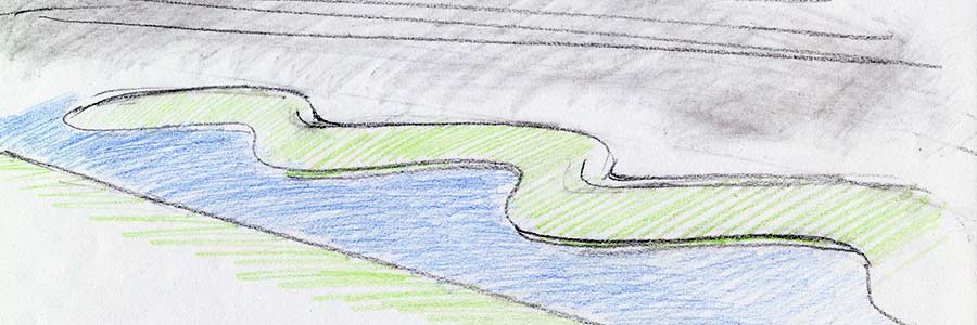 A meandering dike would soften the highway-side of the park, eliminate noise and provide a  place to repose.